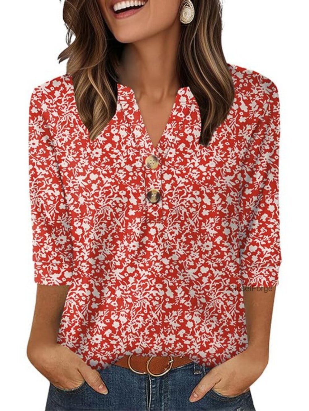 Womens 3/4 Sleeve V-Neck Button Henley Blouse Loose Fit Office Tunic Top